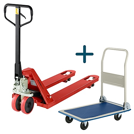 Roter Palettenhubwagen und blauer Transportwagen, Symbol Plus.