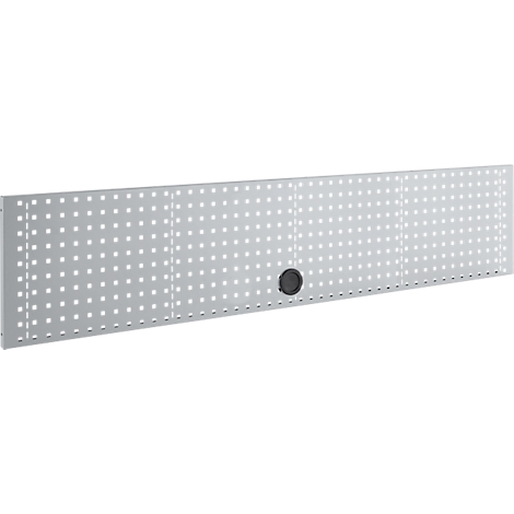 Grijze, geperforeerde metalen plaat met rechthoekige gaten en een cirkelvormig element.