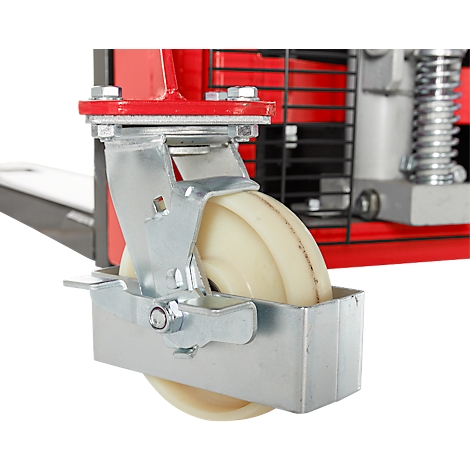 Close-up of a wheel of a red pallet truck. The wheel is beige and mounted in a metal bracket.