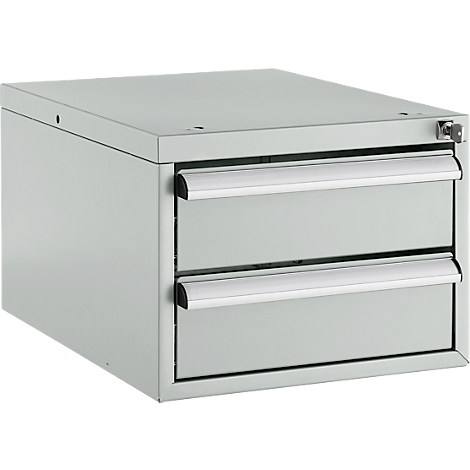 Grijze metalen kast met twee lades, zilveren handvatten en een sleutelgat.