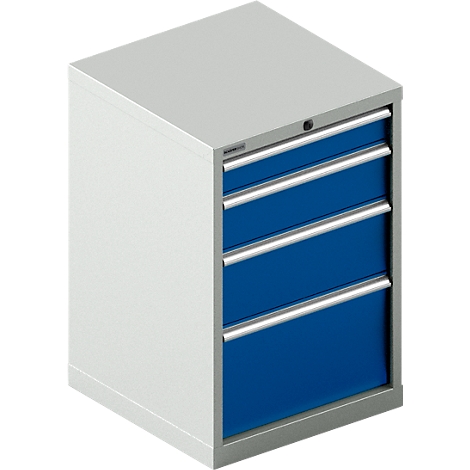 Gereedschapskast met drie blauwe lades en zilveren handgrepen. Grijze behuizing. Bovenop zit een slot.