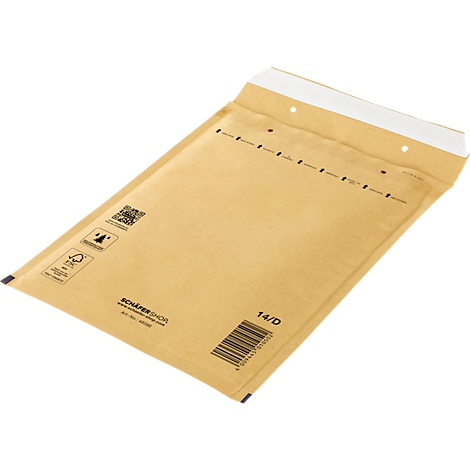 Brauner Luftpolsterumschlag, geöffnet. Oben weißer Streifen mit Löchern und Markierungen. Barcode und Firmenlogo unten rechts.
