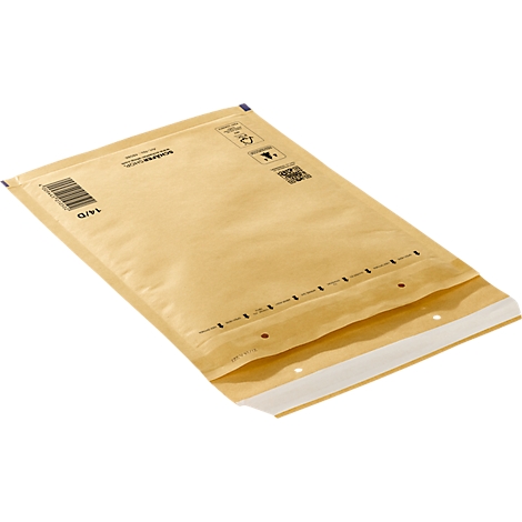 Ein brauner Luftpolsterumschlag liegt schräg, mit Barcode und Aufdrucken versehen.