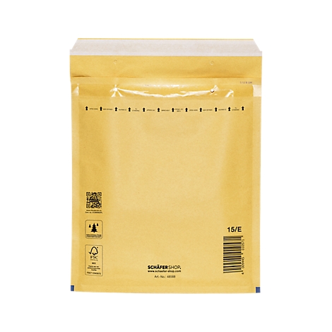 Braune Luftpolstertasche mit weißem Verschluss. Aufdrucke: Logos, 15/E, SCHÄFER SHOP.