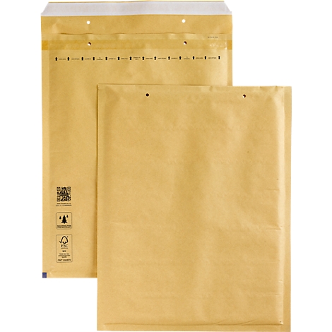 Zwei braune Luftpolstertaschen vor hellem Hintergrund. Eine Tasche liegt teilweise hinter der anderen.