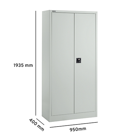 Een grijze stalen kast met twee deuren en een zwarte handgreep. Afmetingen: 1935 mm x 950 mm x 400 mm.