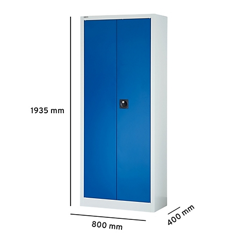 Ein weißer Stahlschrank mit blauen Türen. Auf den Maßen 1935 mm x 800 mm x 400 mm ist zu sehen.