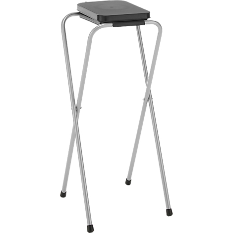 Klapphocker mit schwarzer Sitzfläche und silberfarbenem Gestell.