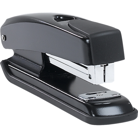 Een zwarte nietmachine. Metalen nietmechanisme onderaan, zwarte behuizing, gepolijst oppervlak.