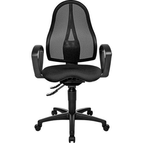 Black office chair with mesh back and armrests on casters.