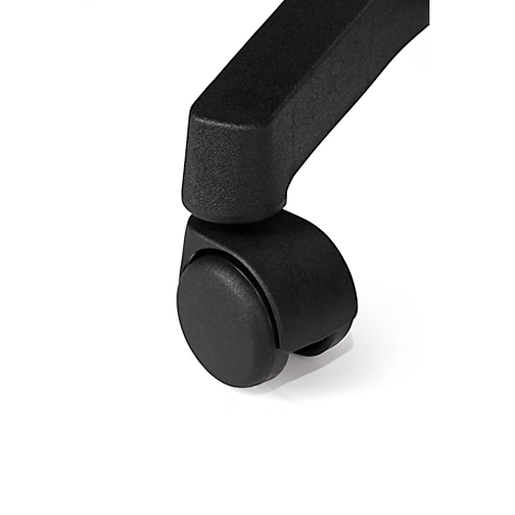 Detail of a black chair leg with a rounded, black wheel against a white background.