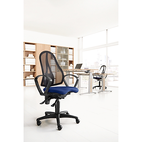 Office chair with mesh back and blue seat. Other chairs and desks in the background.