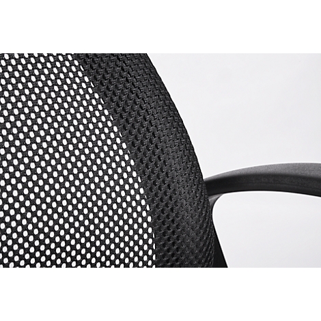 Detail of a black office chair: Mesh fabric with holes and an armrest on a light background.