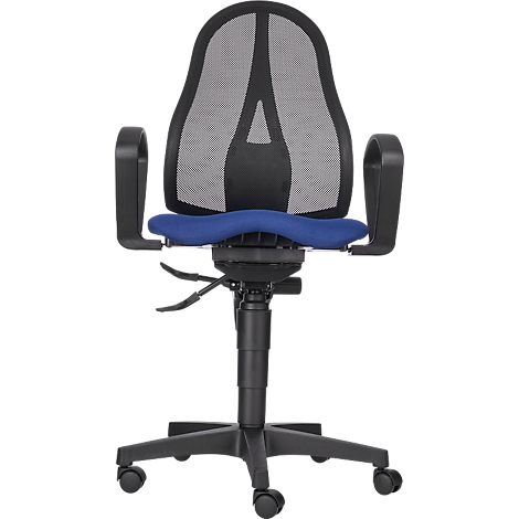 Office chair, black frame, blue seat, gray mesh backrest, armrests.