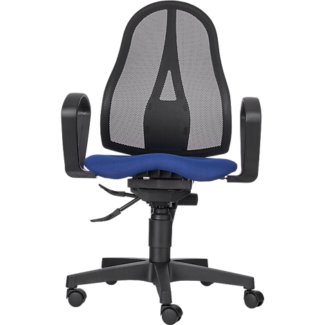 Office chair with black mesh back, blue seat, and black armrests. Rolling base.