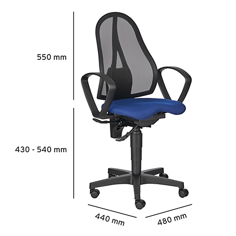 Office chair with mesh back, blue seat, black armrests and wheels. Size indications.