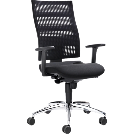 Black office chair with mesh back and armrests. On castors. Front view, against a white background.