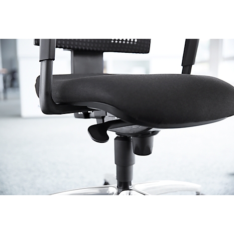 Close-up of a black office chair. The seat is padded, the armrest is made of plastic.