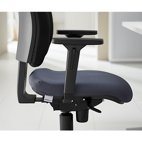 Close-up of an office chair. Black frame, blue seat and backrest, adjustable armrests.