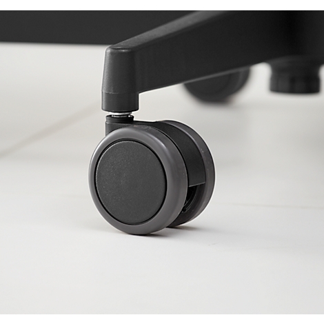 Close-up of a chair caster wheel. The chair is black, the wheel gray.