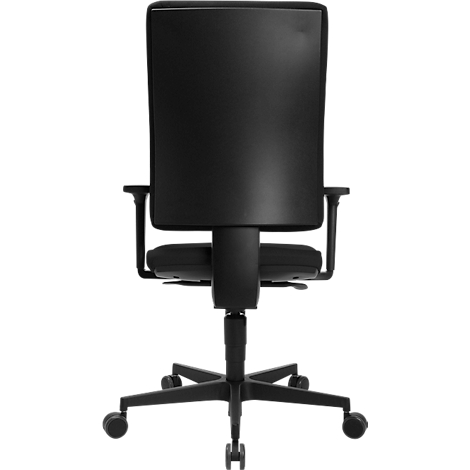 Black office chair, back view. High backrest, armrests and castors.