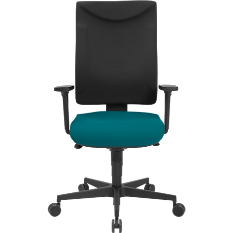 Office chair with black backrest and armrests, blue seat and black frame with castors.