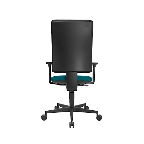 Back view of a black office chair with turquoise seat against a white background.
