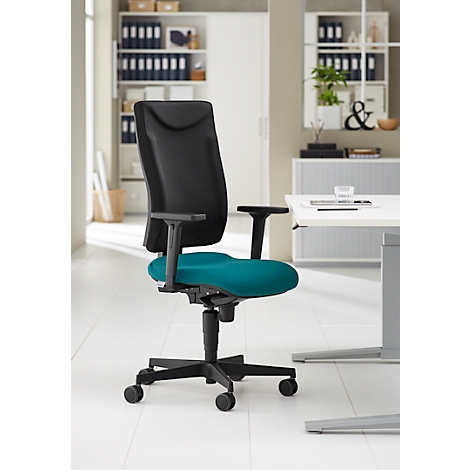 Office chair with black backrest and armrests. Teal seat. Castors, black frame.
