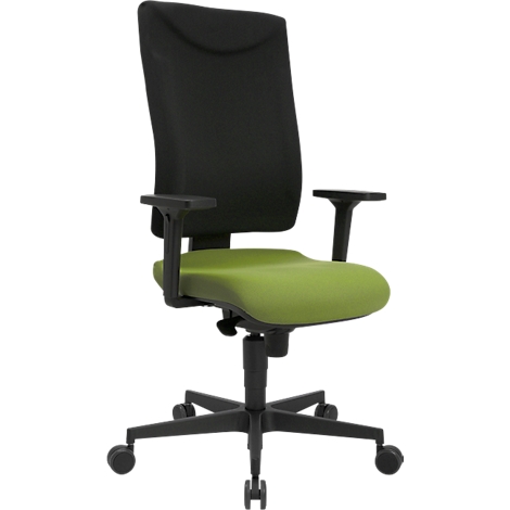 Office chair: Black backrest, green seat, armrests. Black frame with wheels.