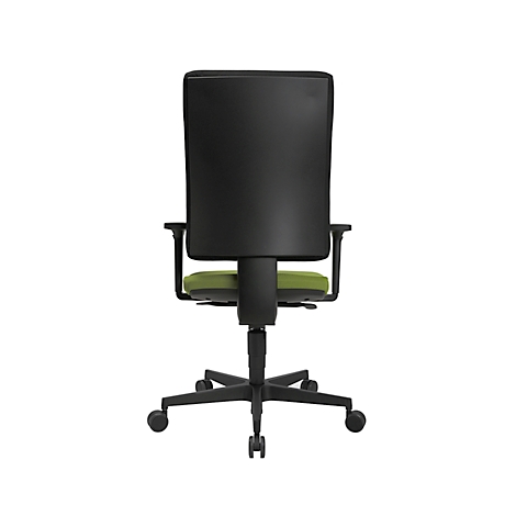 Black office chair, back view, green seat, casters.