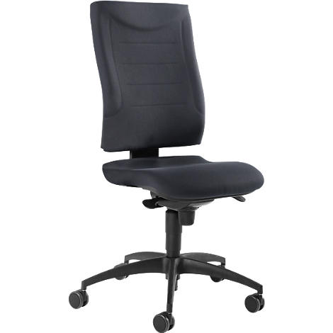 Black office chair with backrest, seat and castors. The chair is made of fabric and designed for use in the office.