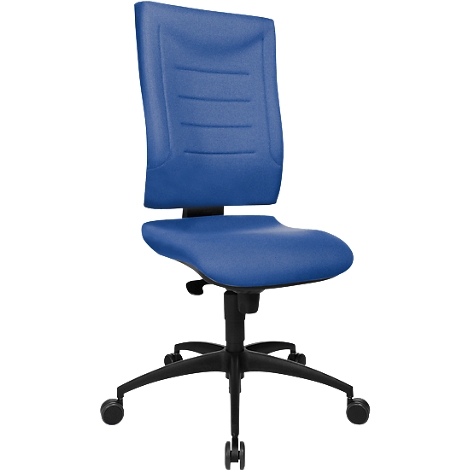 Blue office chair with black frame and castors. The chair has an ergonomic shape and a structured backrest.