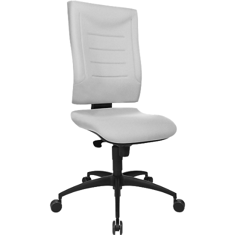 White office chair with backrest, seat, and black frame with casters.