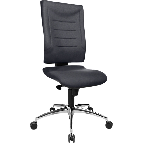 Black office chair, ergonomically shaped, with five castors and chrome base.