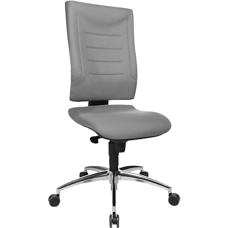 Gray office chair with armrests on rollers. Backrest with horizontal lines, curved seat.