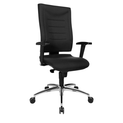 Black office chair with high back and armrests on castors. The chair has a chrome-plated base.
