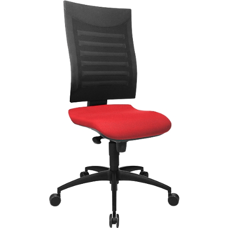 Office chair with red seat and black backrest. The chair has a black frame and castors.