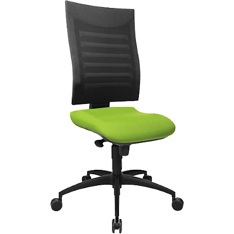 Office chair with black back, green seat and wheels.