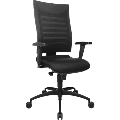 Black office chair with mesh back, armrests and castors, against a white background.