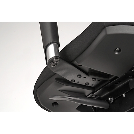 Detailed view of the mechanics of a black office chair. Screws and metal brackets are visible.