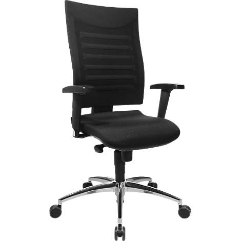 Black office chair on a white background. The chair has a mesh backrest, armrests, and a chrome frame with wheels.