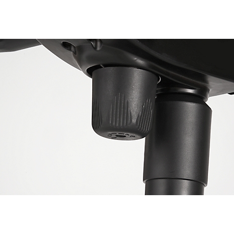 Close-up of a black rotary knob on an office chair. The knob has grooved surfaces that allow for adjustment.