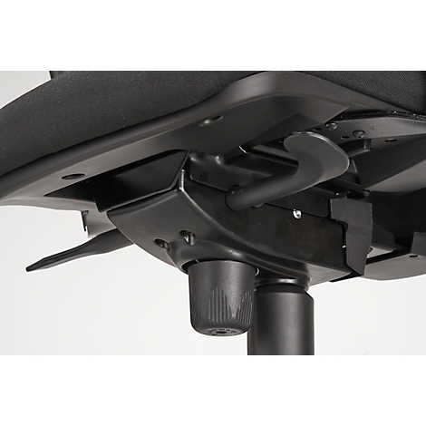 Close-up of the underside of an office chair, black, with controls and support mechanism.