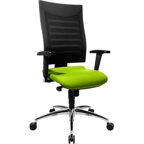 Office chair with black backrest and green seat. Black armrests, silver frame and castors.