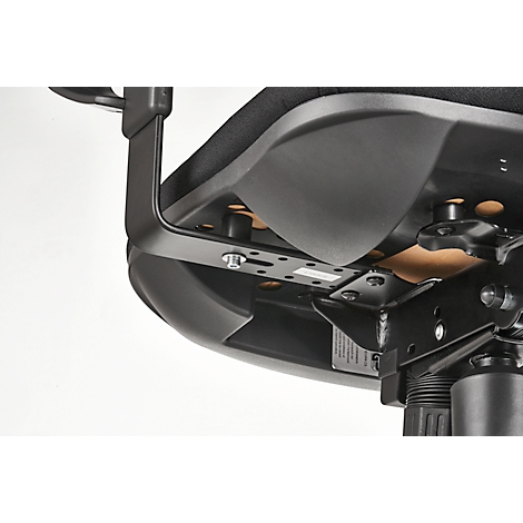 Close-up of the underside of a black office chair. The chair is made of metal and plastic, with screws attached.