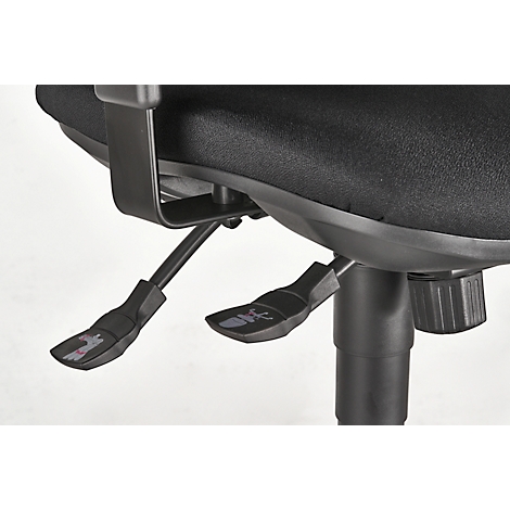 Close-up of an office chair, black plastic parts. Levers and dials are visible.