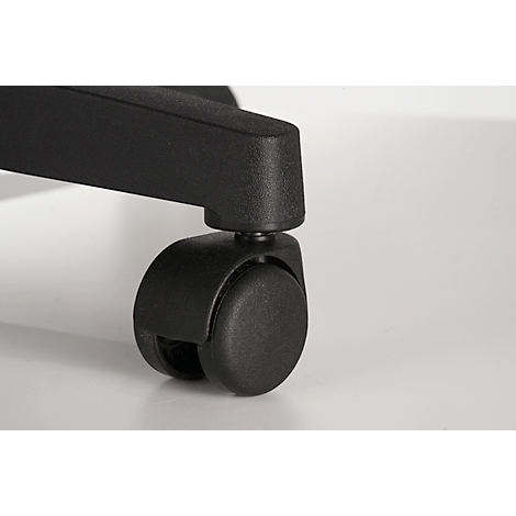 Close-up of a black office chair caster on a white background.