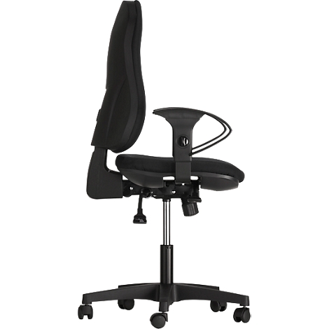 Black office chair, side view, ergonomic design. High back, armrests, rolling base. Adjustable height.
