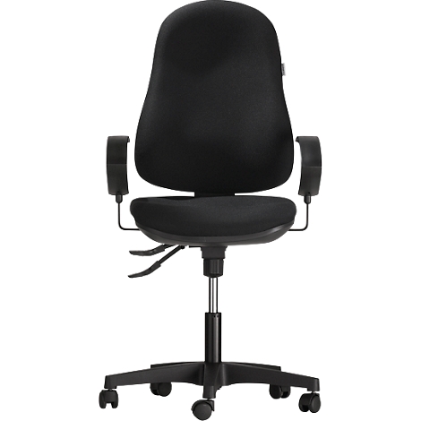 Black office chair, front view. Padded backrest, seat and armrests. Five-foot base with castors.