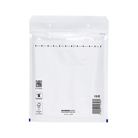White shipping bag with barcode, company logo and markings.